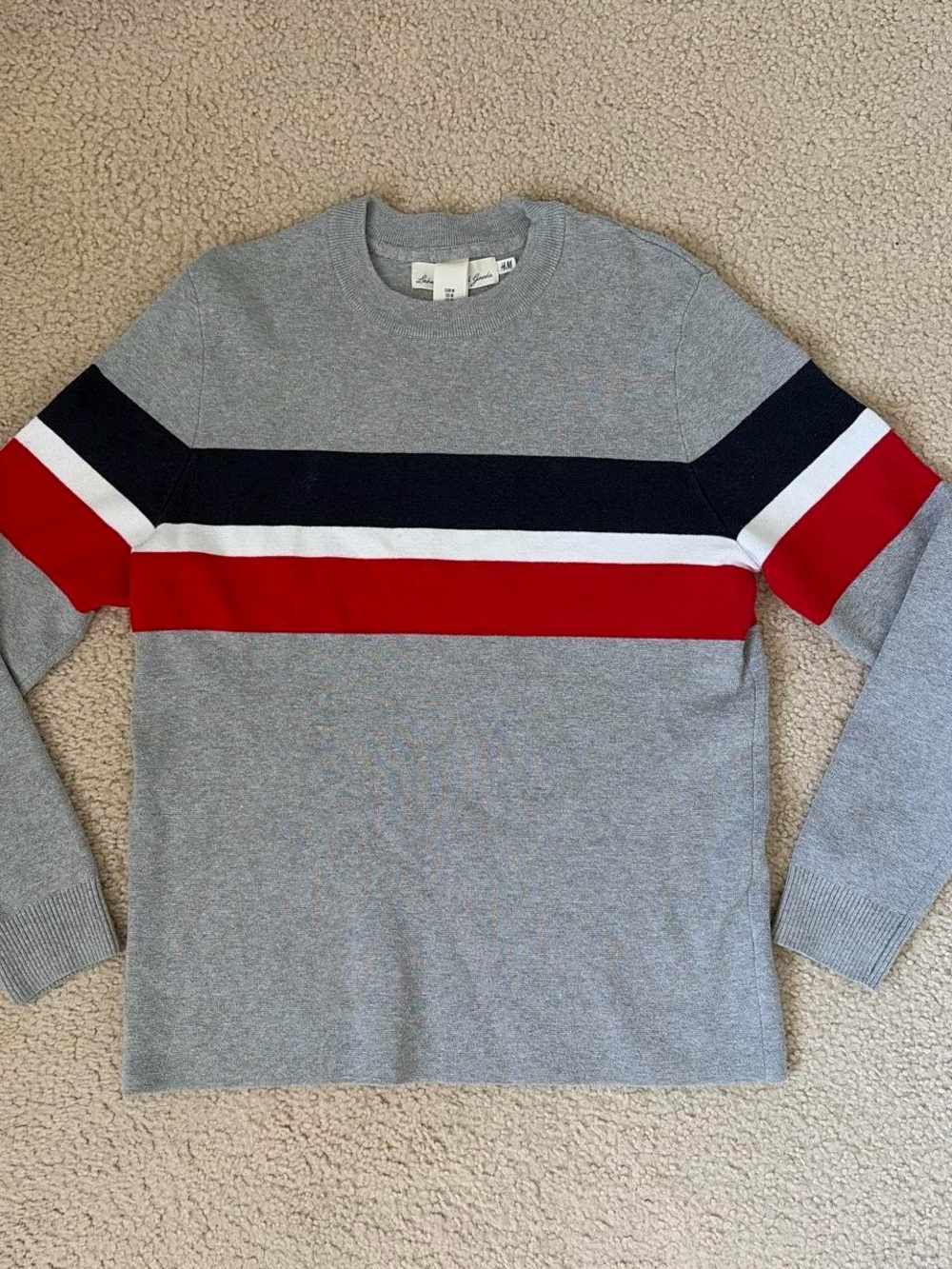 H&M Grey Crewneck Sweater with Navy, White & Red Stripes